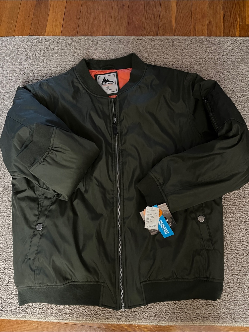 NWT Men's Olive Green Bomber Jacket with Orange Lining. XL